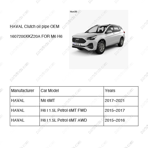 1607200XKZ20A|1607200XKZ20A | Clutch oil pipe | HAVAL parts | | | M6 6MT | H6 I 1.5L Petrol 6MT FWD | H6 I 1.5L Petrol 6MT AWD | PartsFinds