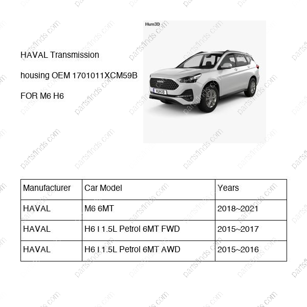 1701011XCM59B|1701011XCM59B | Transmission housing | HAVAL parts | | | M6 6MT | H6 I 1.5L Petrol 6MT FWD | H6 I 1.5L Petrol 6MT AWD | PartsFinds