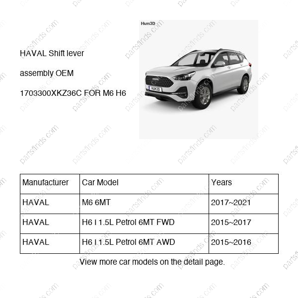1703300XKZ36C|1703300XKZ36C | Shift lever assembly | HAVAL parts | | | M6 6MT | H6 I 1.5L Petrol 6MT FWD | H6 I 1.5L Petrol 6MT AWD | PartsFinds