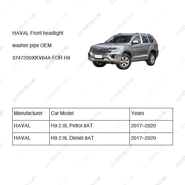 3747200XKV64A|3747200XKV64A | Front headlight washer pipe | HAVAL parts | | | H9 2.0L Petrol 8AT | H9 2.0L Diesel 8AT | PartsFinds