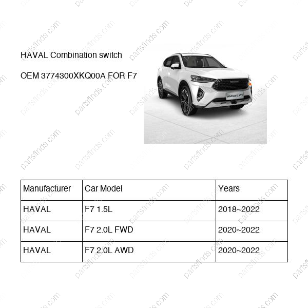 3774300XKQ00A|3774300XKQ00A | Combination switch | HAVAL parts | | | F7 1.5L | F7 2.0L FWD | F7 2.0L AWD | PartsFinds