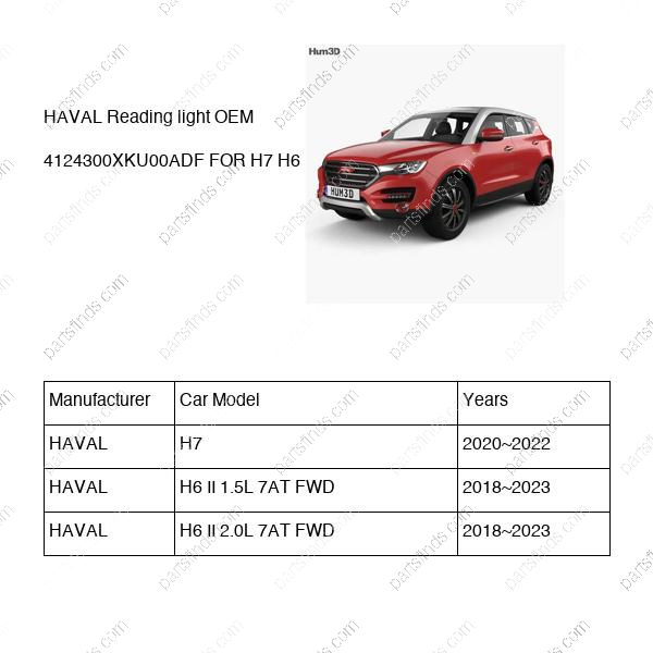 4124300XKU00ADF|4124300XKU00ADF | Reading light | HAVAL parts | | | H7 | H6 II 1.5L 7AT FWD | H6 II 2.0L 7AT FWD | PartsFinds