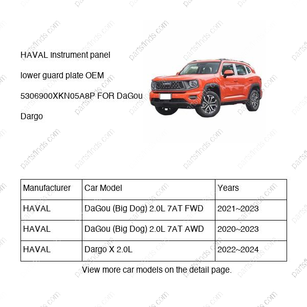 5306900XKN05A8P|5306900XKN05A8P | Instrument panel lower guard plate | HAVAL parts | | | DaGou (Big Dog) 2.0L 7AT FWD | DaGou (Big Dog) 2.0L 7AT AWD | Dargo X 2.0L | PartsFinds