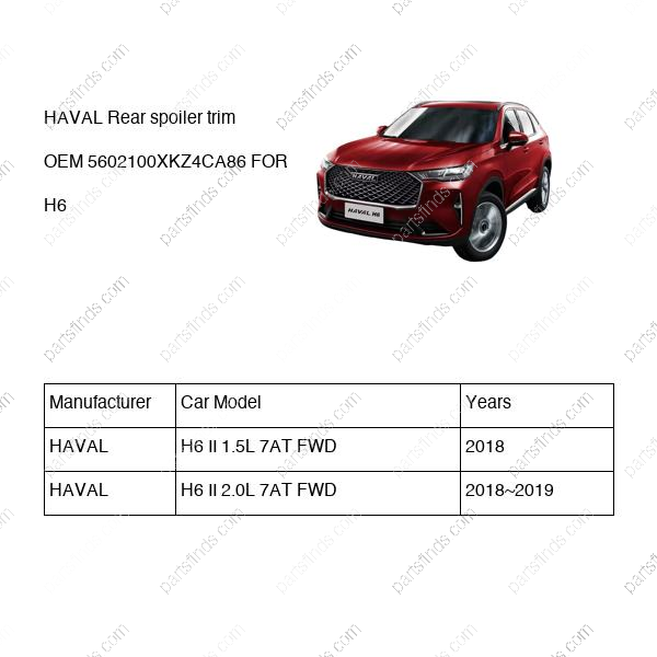 5602100XKZ4CA86|5602100XKZ4CA86 | Rear spoiler trim | HAVAL parts | | | H6 II 1.5L 7AT FWD | H6 II 2.0L 7AT FWD | PartsFinds